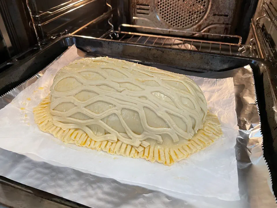 The wrapped fillet encased in puff pastry, ready for its lattice top and the oven