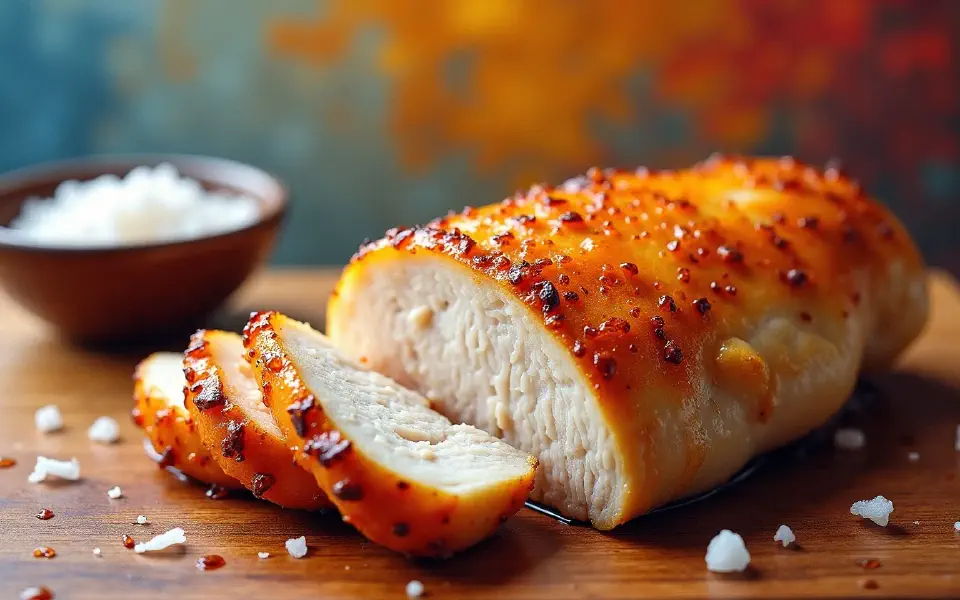 A sous vide chicken breast, sliced to show a uniformly pale, glistening, juicy interior beside a crisp seared skin