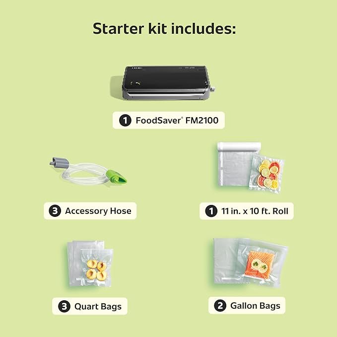 Photograph of the The Foodsaver FM2100 Vacuum Sealer - one of the best vacuum sealers - showing what the starter kit includes