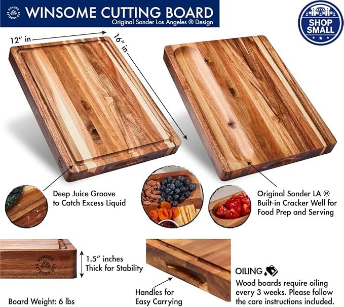 Specifics of the Winsome cutting board from Sonder LA, highlighting some of the features, including the deep juice groove on one side