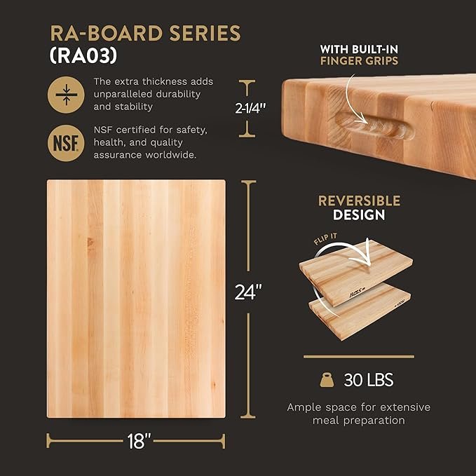 An image detailing the specifications of the John Boos 2.25" Maple End Grain Block - RA-Board Series (RA03); Reverisable design; built-in finger grips; unparalleled durability and stability