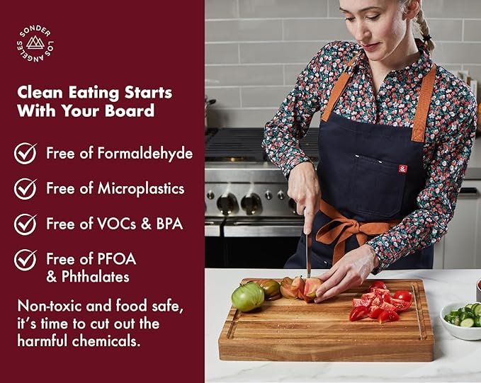 Image of the Sonder LA Acacia board highlighting it's clean eating benefits - free of microplastics, VOCs and BPA