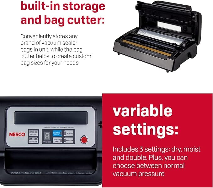 Photograph of the Nesco VS-12 Vacuum Sealer - one of the best vacuum sealers - showing the bag cutter, storage and variable settings