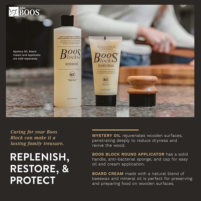 An image detailing how to replenish, restore and protect your John Boos 2.25" Maple End Grain Block