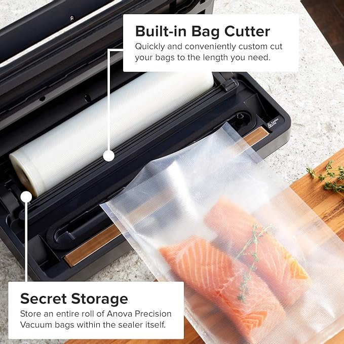 Photograph of the The Anova Precision Vacuum Sealer - one of the best vacuum sealers - showing the inside and how to store bags