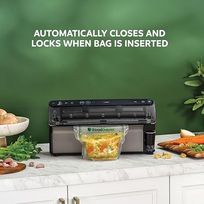 Photograph of the FoodSaver Elite All-in-One Liquid+ - one of the best vacuum sealers - showing the automatic closing when a bag is inserted