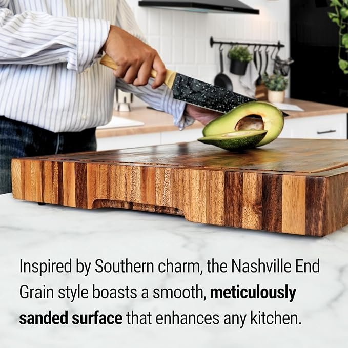 Photograph of the Shumaru 2.25-Inch Thick XXX-Large End-Grain Butcher Block mentioning it is inspired by Southern charm, the Nashville End Grain style boasts a smooth, meticulously sanded surface
