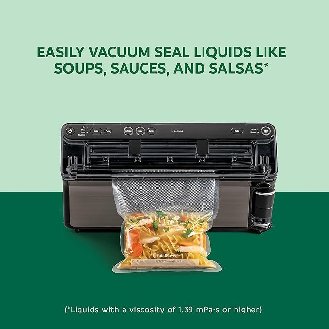 Photograph of the FoodSaver Elite All-in-One Liquid+ - one of the best vacuum sealers - showing it can even seal soups, sauces and salsa