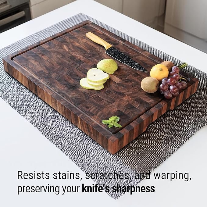Photograph of the Shumaru 2.25-Inch Thick XXX-Large End-Grain Butcher Block highlighting that it resists stains, scratches and warping