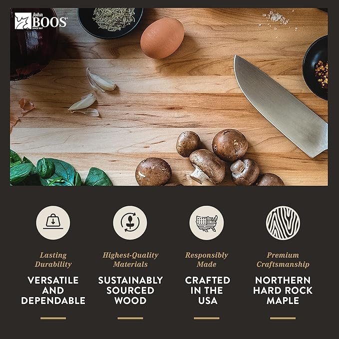 An image detailing information on the John Boos 2.25" Maple End Grain Block - verstaile & dependable; sustainably sourced wood; crafted in the USA; northen hard rock maple