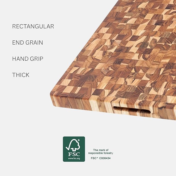 Photograph of the Teakhaus Edge Grain Rectangle showing the hand grip at one end of the board