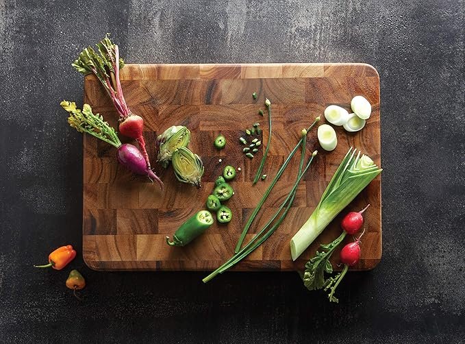 Photograph of the Ironwood Gourmet Acacia board with various vegetables