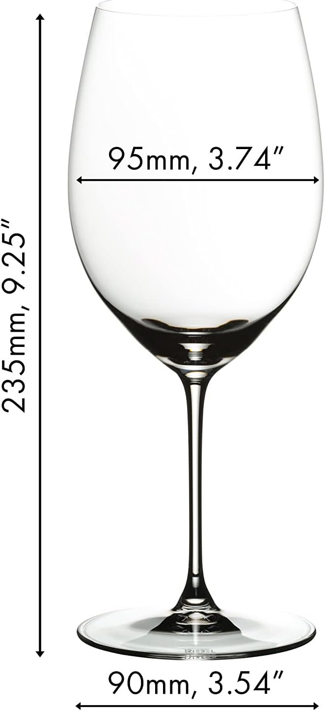 Photograph of the Riedel Vertias Cabernet wine glass set - one of the best wine glasses - showing the dimensons of the wine glass