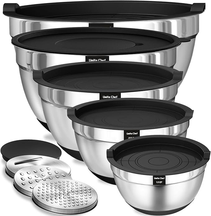 Photograph of Umite Chef Stainless Steel Mixing Bowls with Lids and Graters, one of our picks for best mixing bowls in 2025
