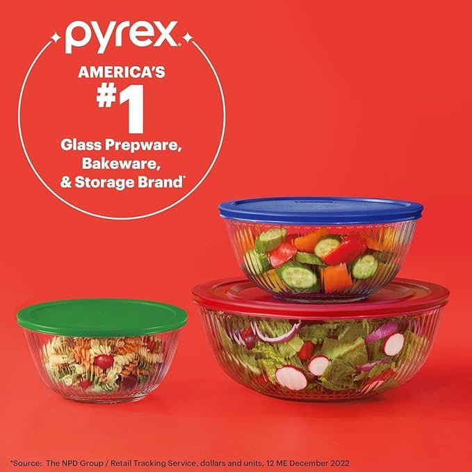 Photograph of Pyrex Smart Essentials 3-Piece Glass Mixing Bowl Set, one of our picks for best mixing bowls in 2025