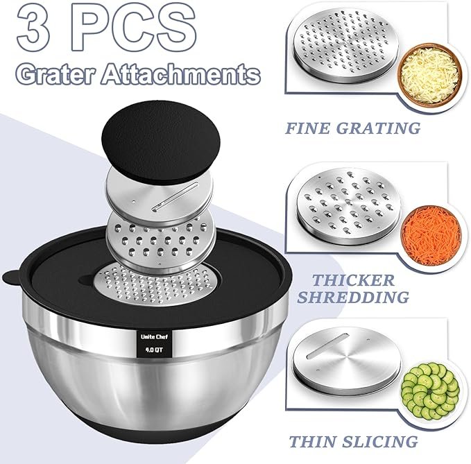 Photograph of Umite Chef Stainless Steel Mixing Bowls with Lids and Graters, one of our picks for best mixing bowls in 2025