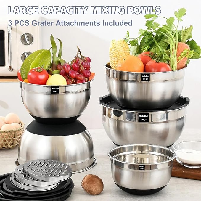 Photograph of Umite Chef Stainless Steel Mixing Bowls with Lids and Graters, one of our picks for best mixing bowls in 2025