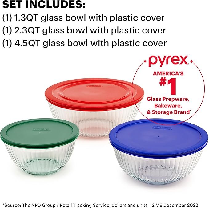 Photograph of Pyrex Smart Essentials 3-Piece Glass Mixing Bowl Set, one of our picks for best mixing bowls in 2025