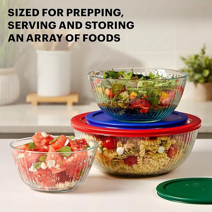 Photograph of Pyrex Smart Essentials 3-Piece Glass Mixing Bowl Set, one of our picks for best mixing bowls in 2025