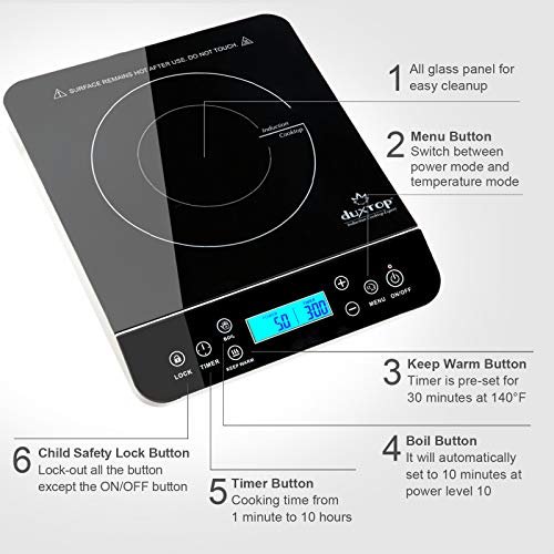 Photograph of the Duxtop Portable Induction Cooktop Burner, Induction Hot Plate with LCD Sensor Touch 1800 Watts, Silver 9600LS/BT-200DZ one of the Best Induction Cooktops